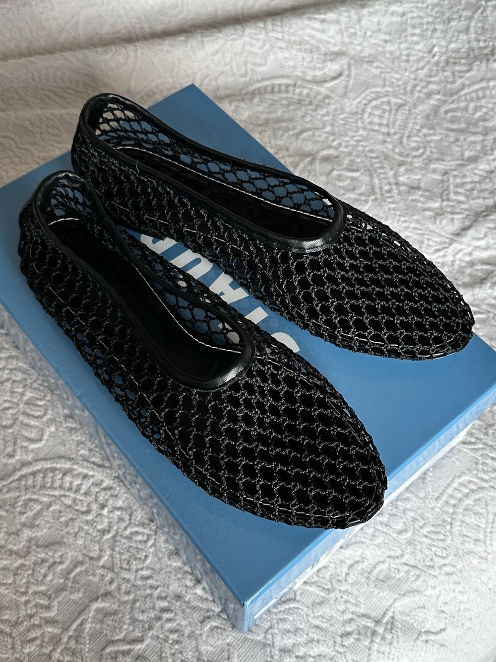 STAUD Alba Black Mesh Crochet Ballet Flats